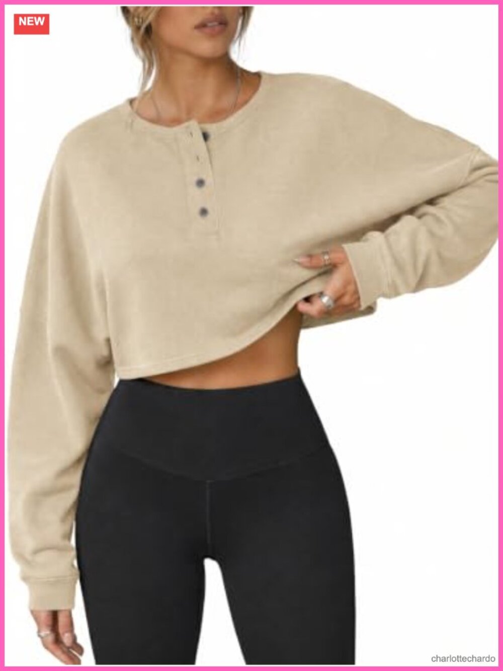Womens Oversized Cropped Sweatshirt Long Sleeve Henley Pullover
